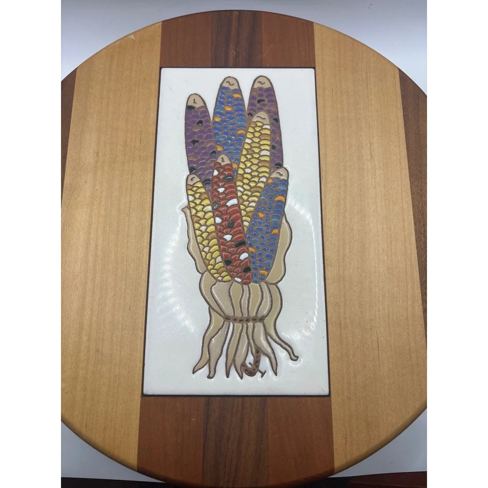 Tecolote Tiles Wood Lazy Susan Indian Corn Ceramic Inlay Rotating Serving Tray
